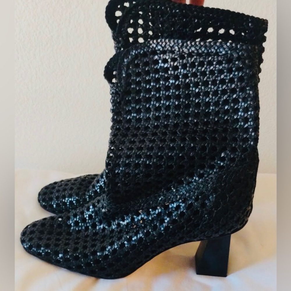 Dear Frances Black Woven Mid-Calf Block Heel Boots